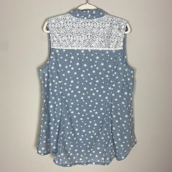 Catherines Star Print Button Up Tank Top Lace Back Womens 0X or 16W Blue - Picture 5 of 6